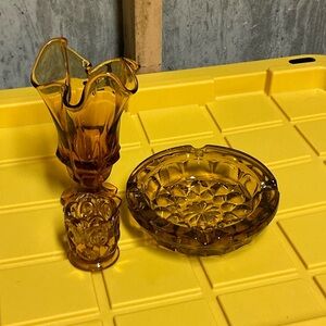 Amber Pressed Glass Decorative Ashtray, Vase & Candle Holder Set, Glossy Finish